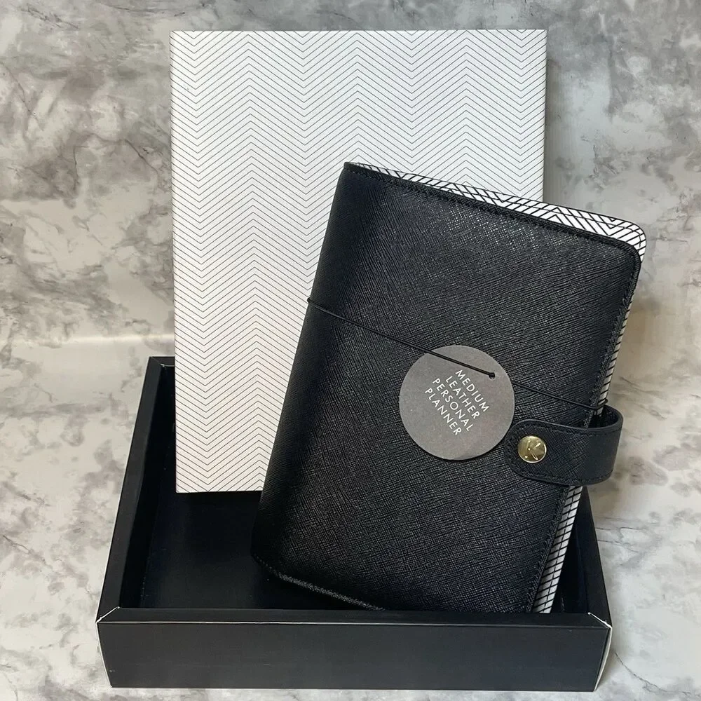 Kikki K Black Leather Personal Planner Medium Gold Snap Organizer New Boxed-READ
